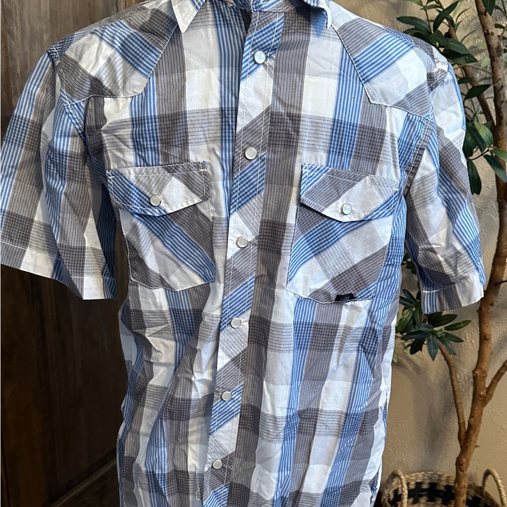 Coastal men's blue and white plaid western short sleeve shirt with pearl snaps M